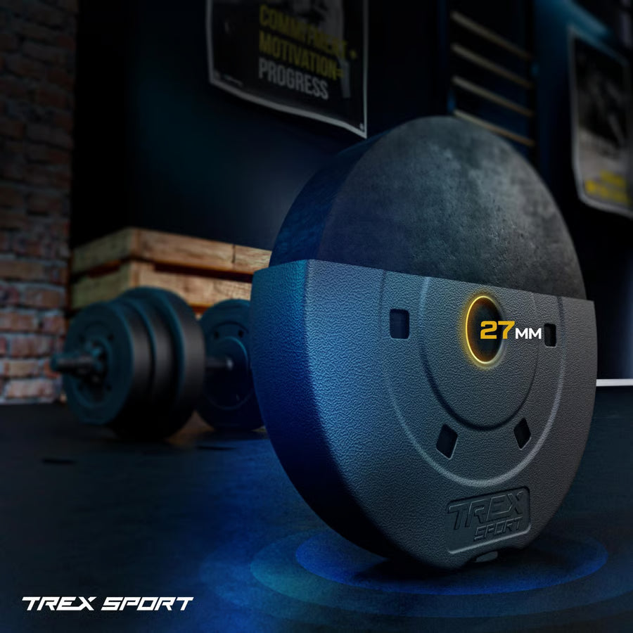 Close-up of a TRex Sport weight plate with gym equipment in the background