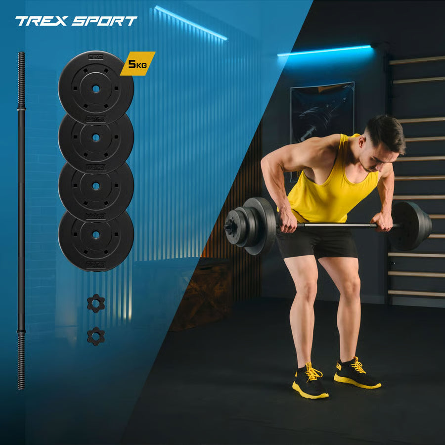 Person lifting weights with gym equipment on a blue background, featuring TREX Sport branding.