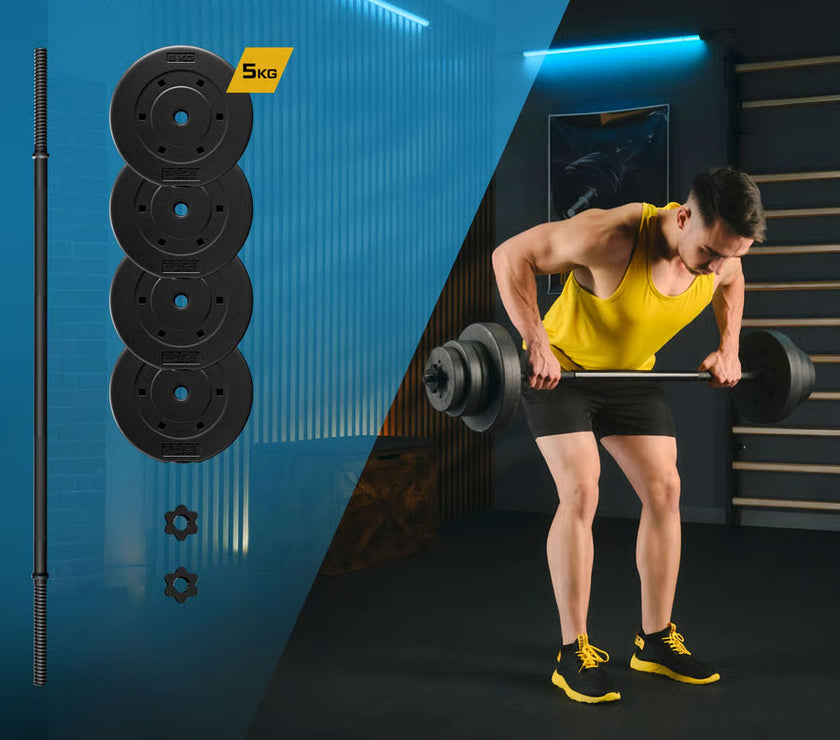 Person lifting weights with gym equipment on a blue background, featuring TREX Sport branding.