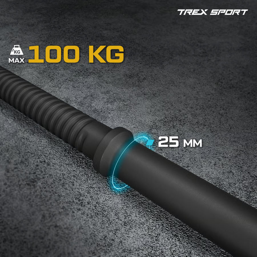 Black barbell with weight capacity and diameter details on a dark background, featuring the TREX Sport brand.