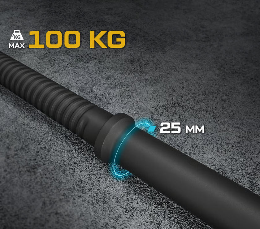 Black barbell with weight capacity and diameter details on a dark background, featuring the TREX Sport brand.