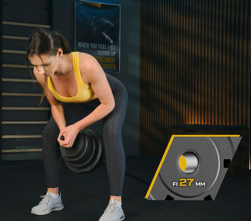Woman exercising with a roller, with a close-up of a 27mm roller in the foreground, and TREX Sport branding.