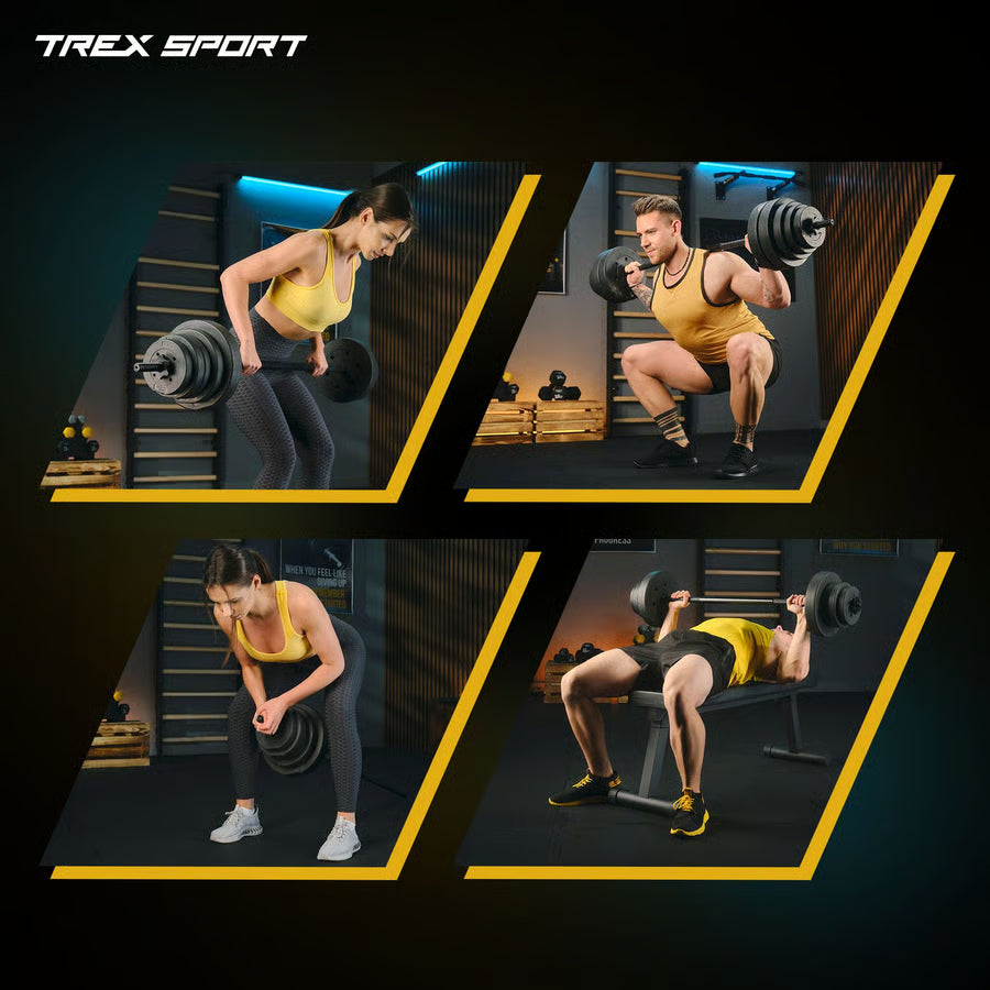 Person performing various weightlifting exercises with TRex Sport equipment.