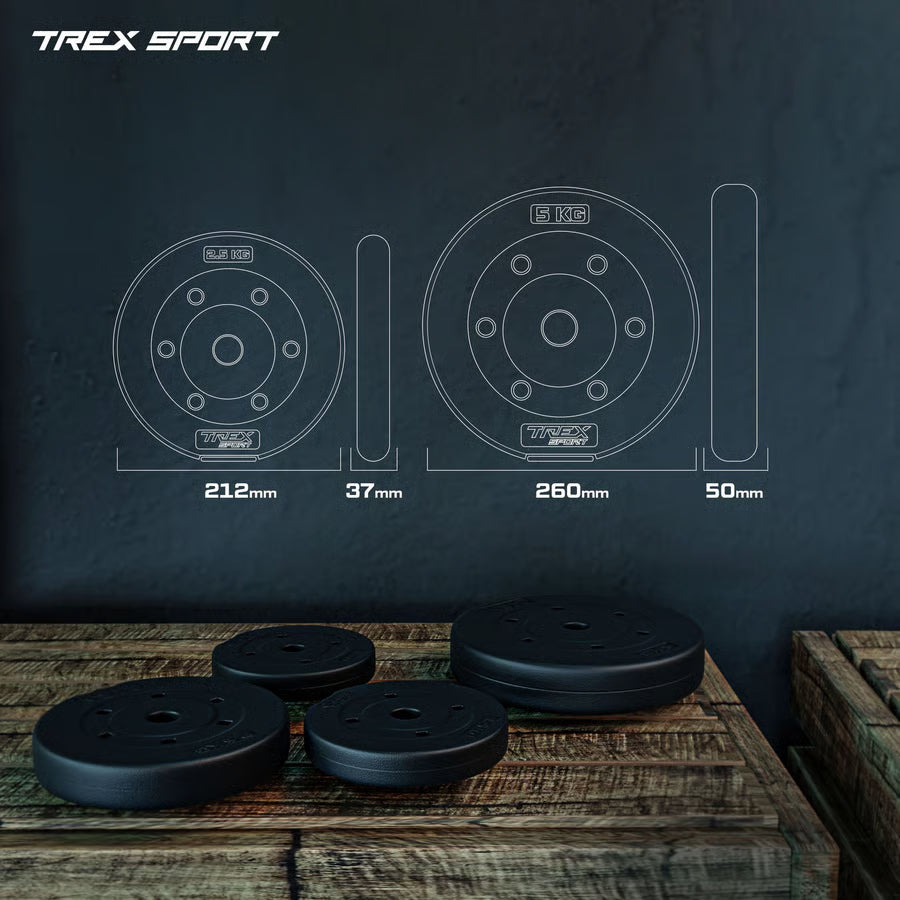 Black weight plates on a wooden surface with technical drawings and measurements against a dark background, featuring the TREX Sport logo.