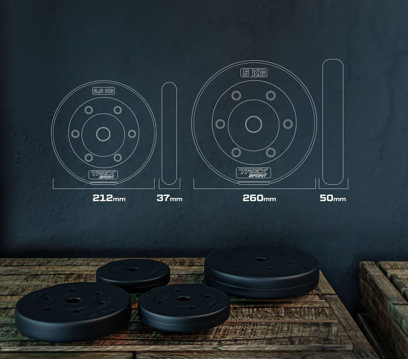 Black weight plates on a wooden surface with technical drawings and measurements against a dark background, featuring the TREX Sport logo.