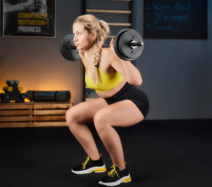 Woman performing squats with a barbell in a gym setting