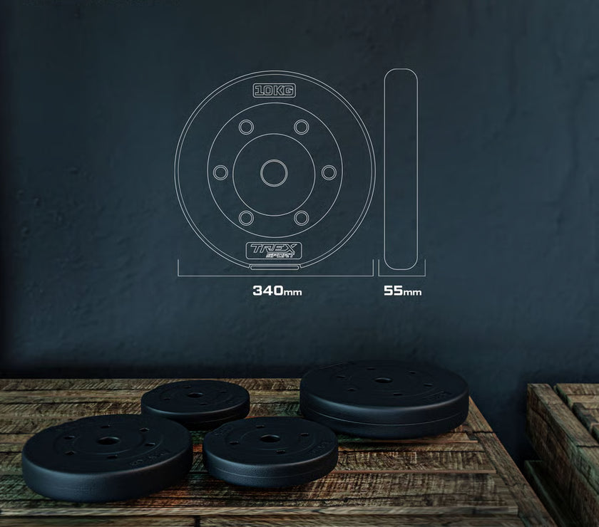 Black brake rotors on a wooden platform with a dark background and TREX Sport branding.