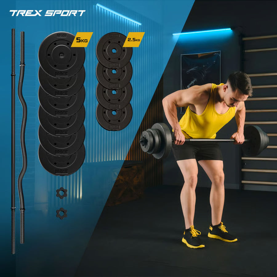 TREX Sport gym equipment set with weights and a barbell, featuring a person lifting weights.