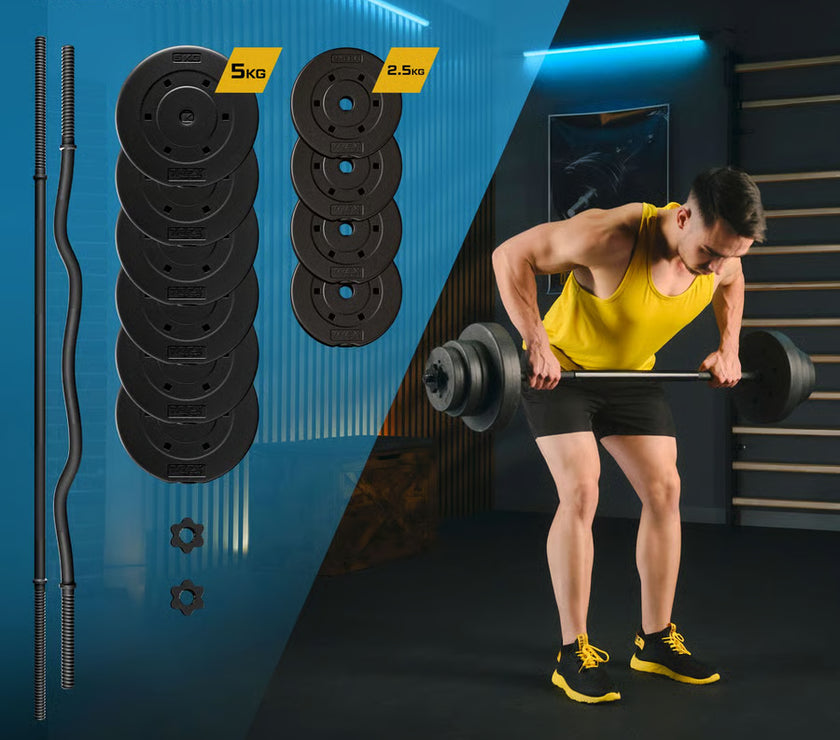 TREX Sport gym equipment set with weights and a barbell, featuring a person lifting weights.
