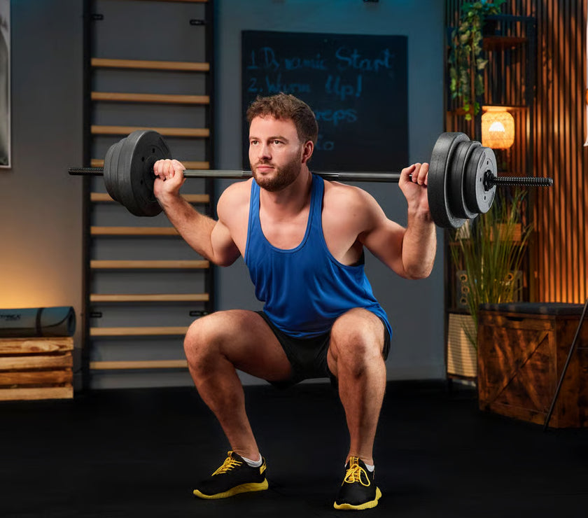 Man in a blue tank top lifting weights in a gym setting