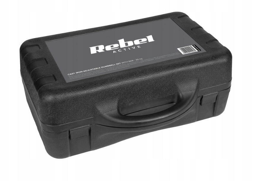 Rebel kuffert designet til 2×15 kg håndvægte og vægtstang.