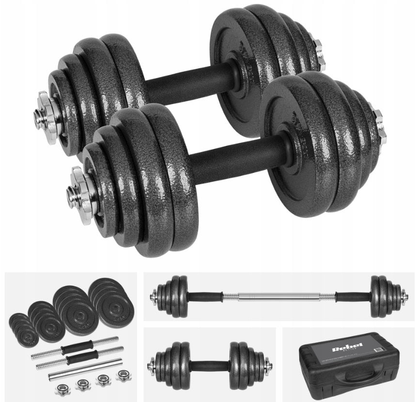 Rebel håndvægte 2×15 kg med medfølgende vægtstang og transportkuffert – komplet træningssæt.