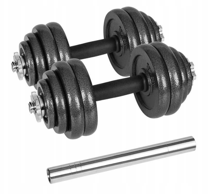 Rebel håndvægte 2×15 kg med medfølgende vægtstang til styrketræning.
