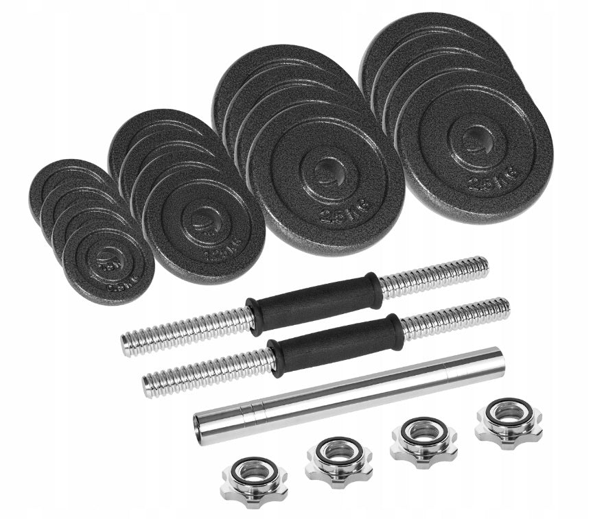 Komplet Rebel håndvægtesæt med vægtskiver, to håndvægtsstænger, konnektorstang og tilbehø