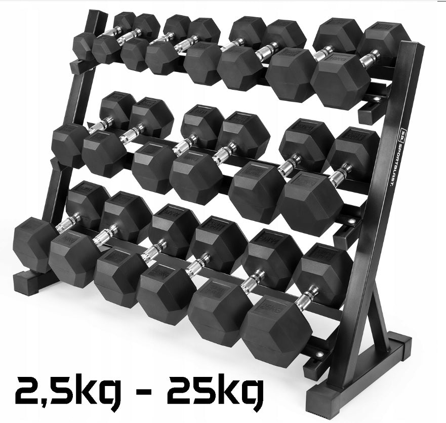 Hexagon Håndvægtsæt 2,5-25kg med Stativ – Intermediate Komplet Sæt