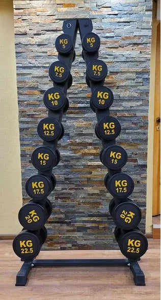 Håndvægte 5-22,5 kg Sæt med Stativ – Professionel Gummi Dumbbell