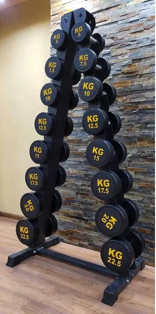 Håndvægte 5-22,5 kg Sæt med Stativ – Professionel Gummi Dumbbell