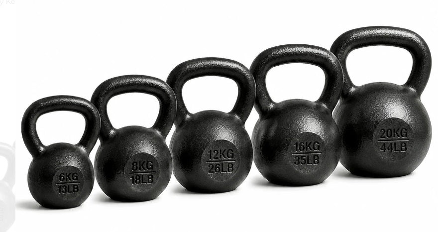 Kettlebell-sæt i støbejern (i alt 62 kg): 6 kg, 8 kg, 12 kg, 16 kg, 20 kg
