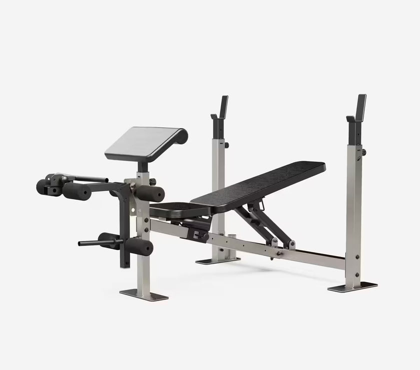 Træningsbænk med stativer og moduler til biceps og ben gym4all