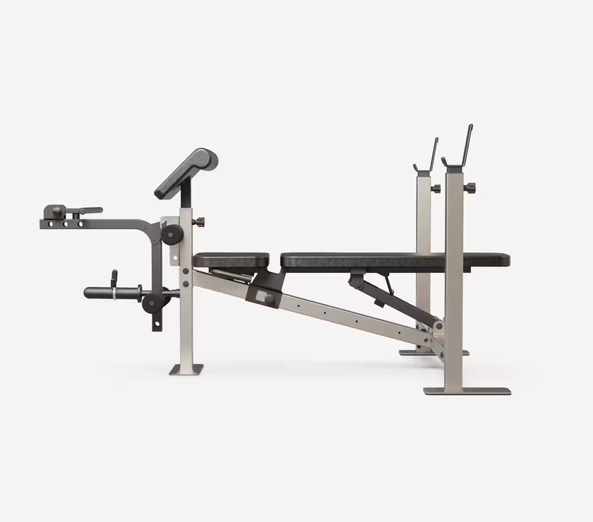 Træningsbænk med stativer og moduler til biceps og ben gym4all