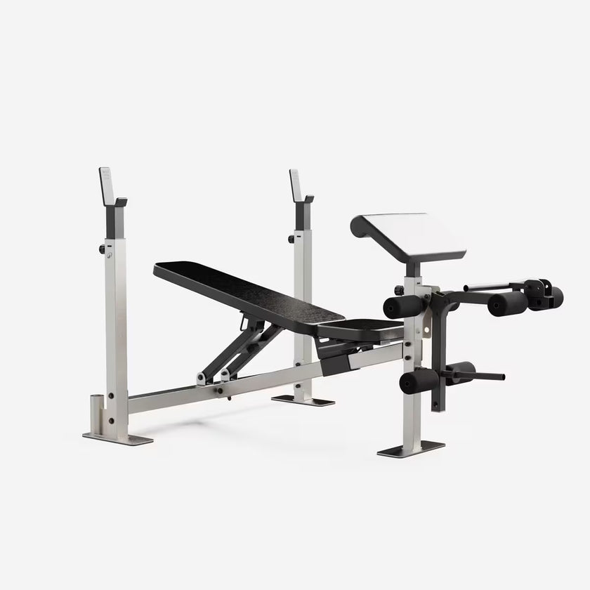 Træningsbænk med stativer og moduler til biceps og ben gym4all