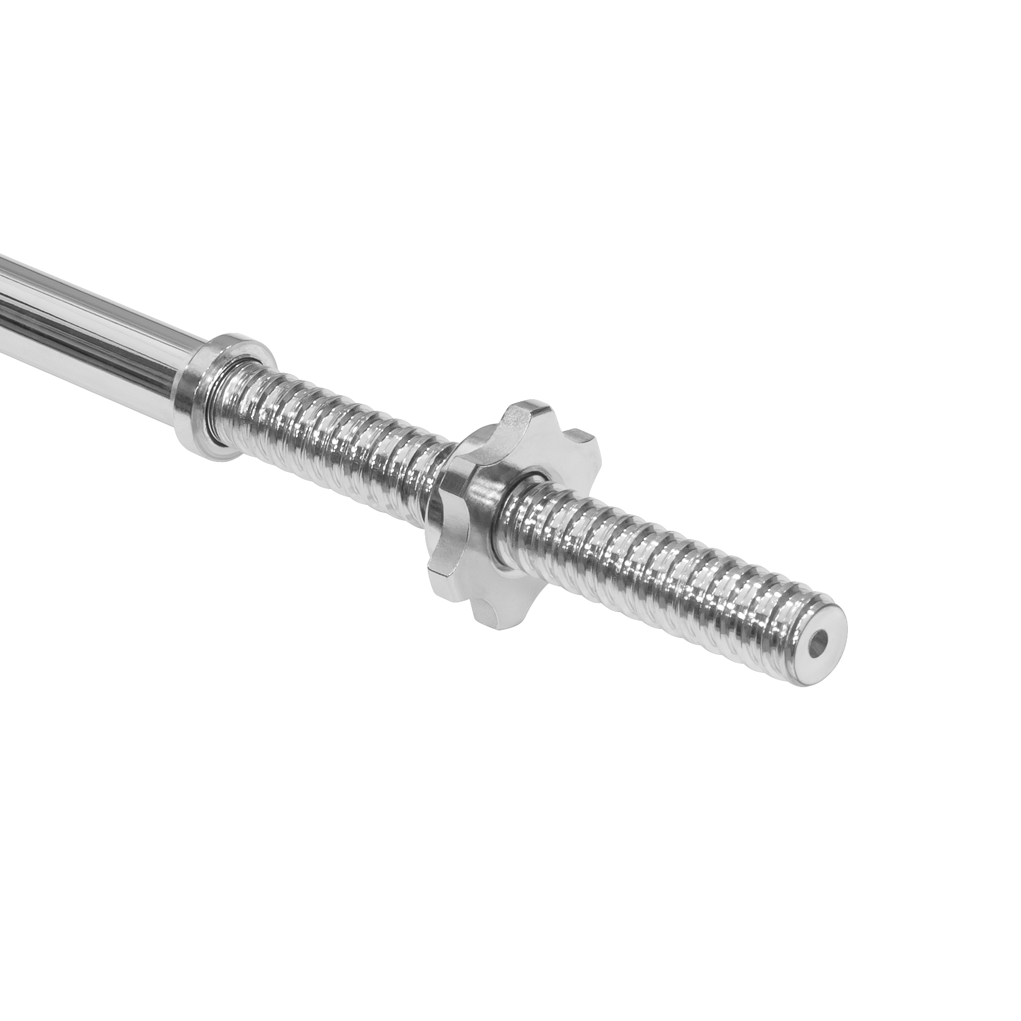 Detalje af gevindenden og de medfølgende klemmer på Rebel vægtstangen 120 cm.