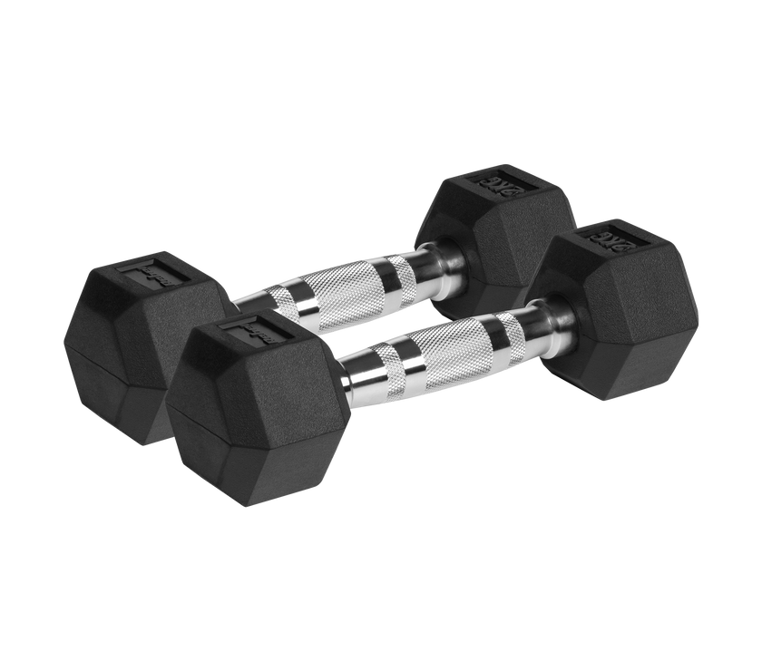 Hexagon dambells 2 kg på gulvet: Gummi håndvægtsæt klar til homegym træning.