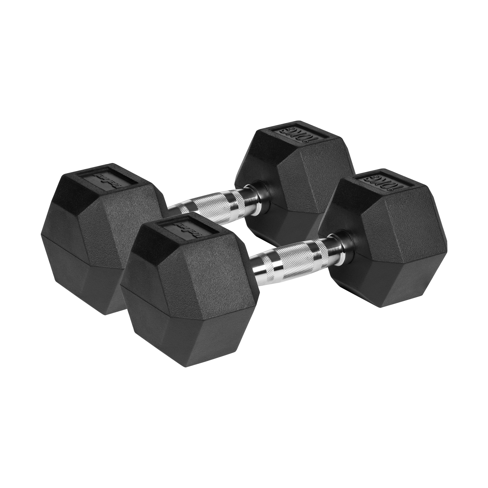 To sorte 2x10 kg håndvægte med ergonomisk 3,3 cm stålhåndtag for sikkert greb.