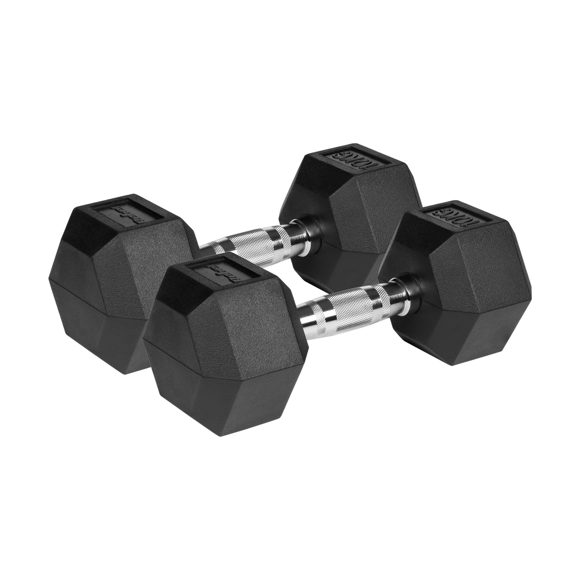 To sorte 2x10 kg håndvægte med ergonomisk 3,3 cm stålhåndtag for sikkert greb.