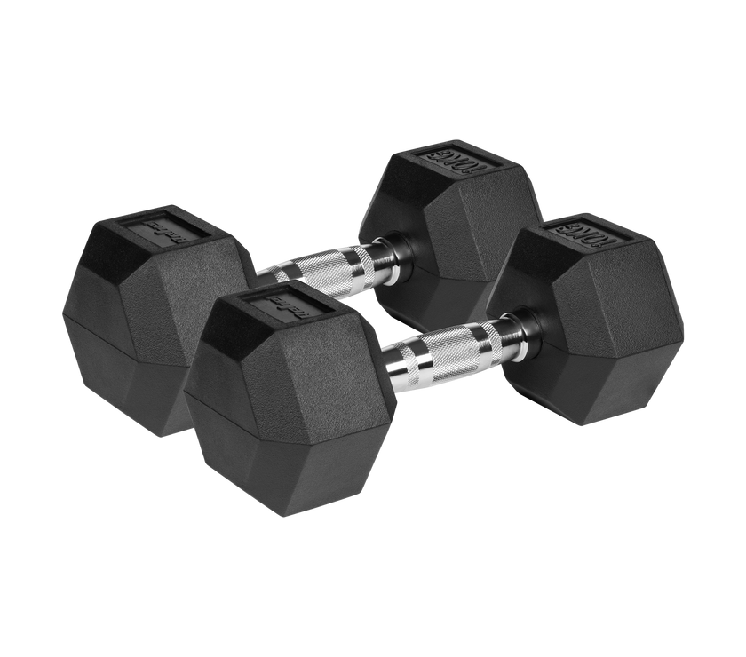To sorte 2x10 kg håndvægte med ergonomisk 3,3 cm stålhåndtag for sikkert greb.