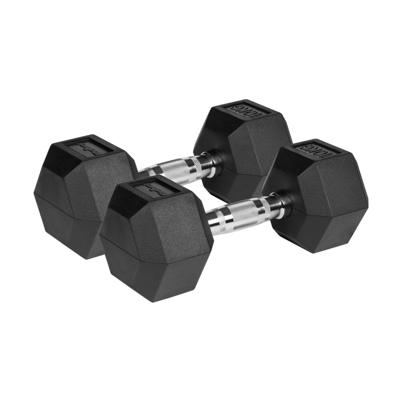 To sorte 2x10 kg håndvægte med ergonomisk 3,3 cm stålhåndtag for sikkert greb.