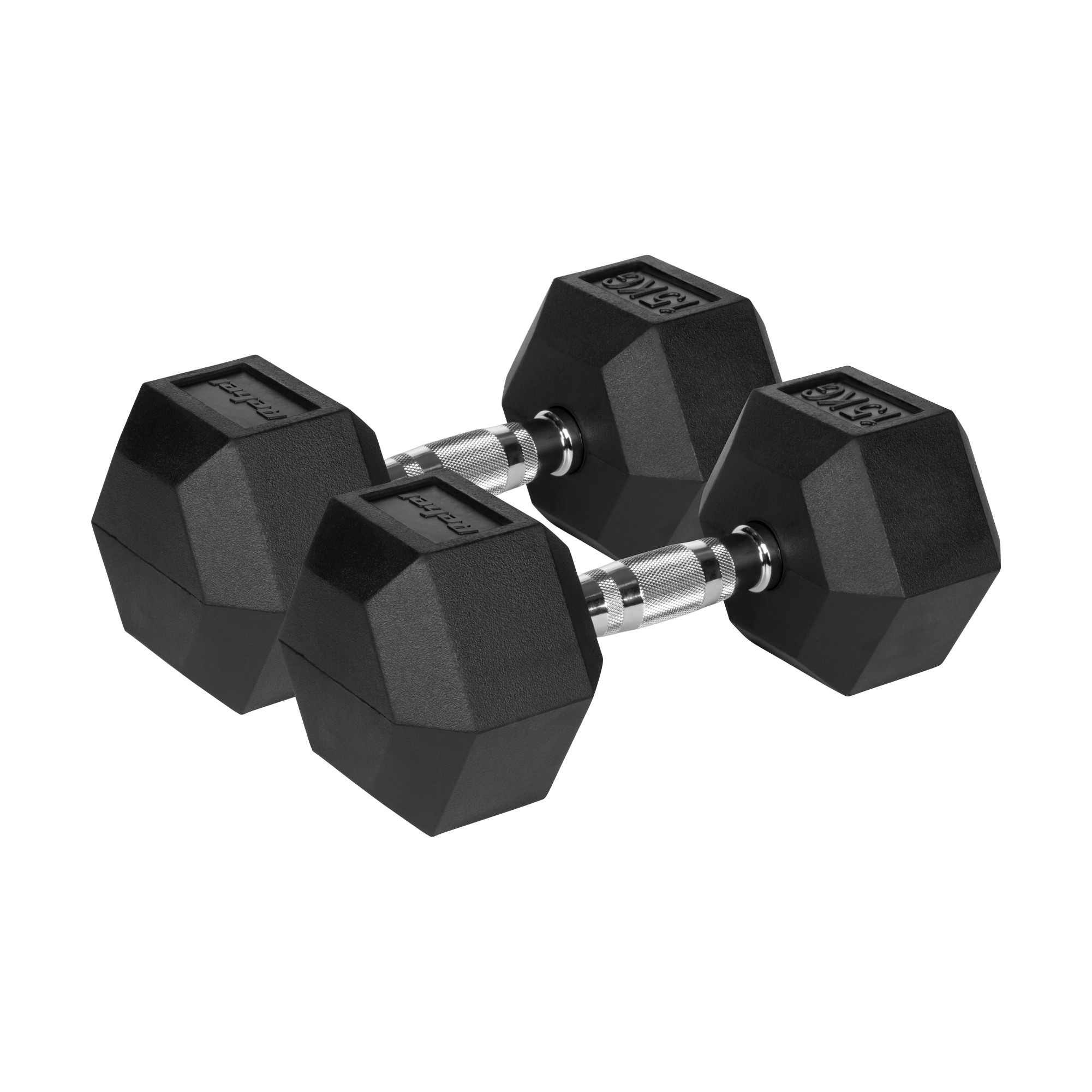 To sorte 15 kg håndvægte klar til tunge løft – stabilt sekskantet design.