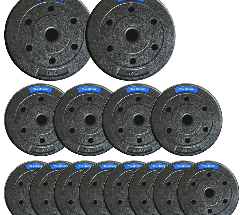 TH 30kg Bitumenvægte 2x5kg+4x2,5kg+8x1,25kg 31mm - Støjfri Hjemmegym Sæt gym4all