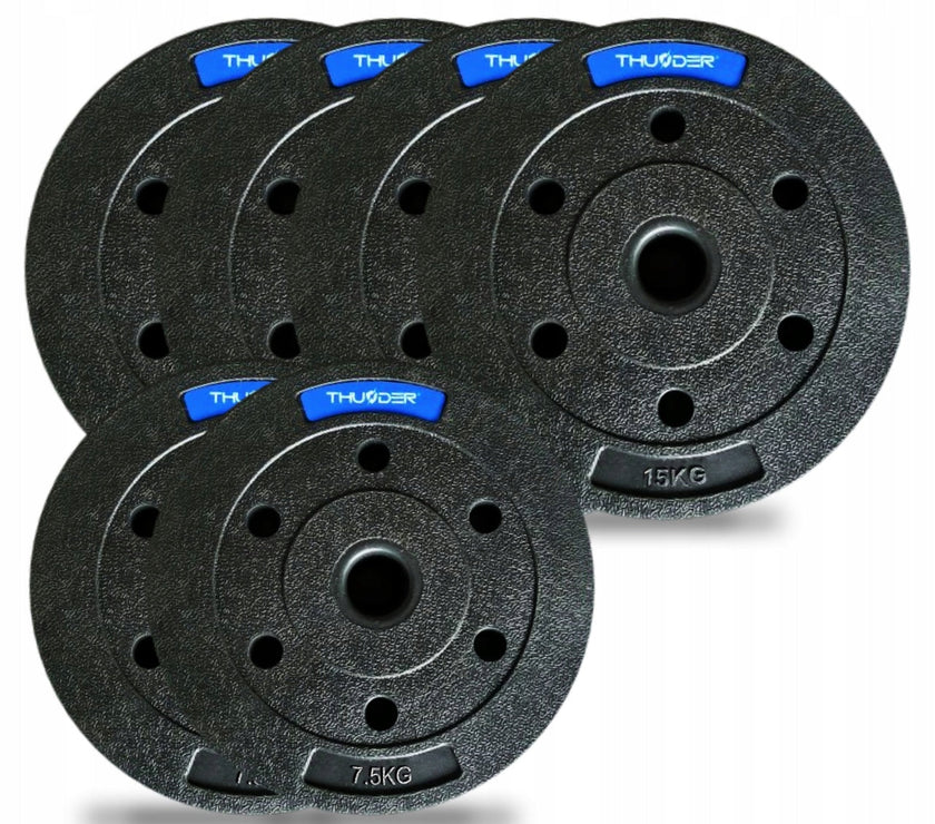 75kg Sæt med TH bitumenvægte 2x7,5 kg + 4x15 kg 31mm gym4all