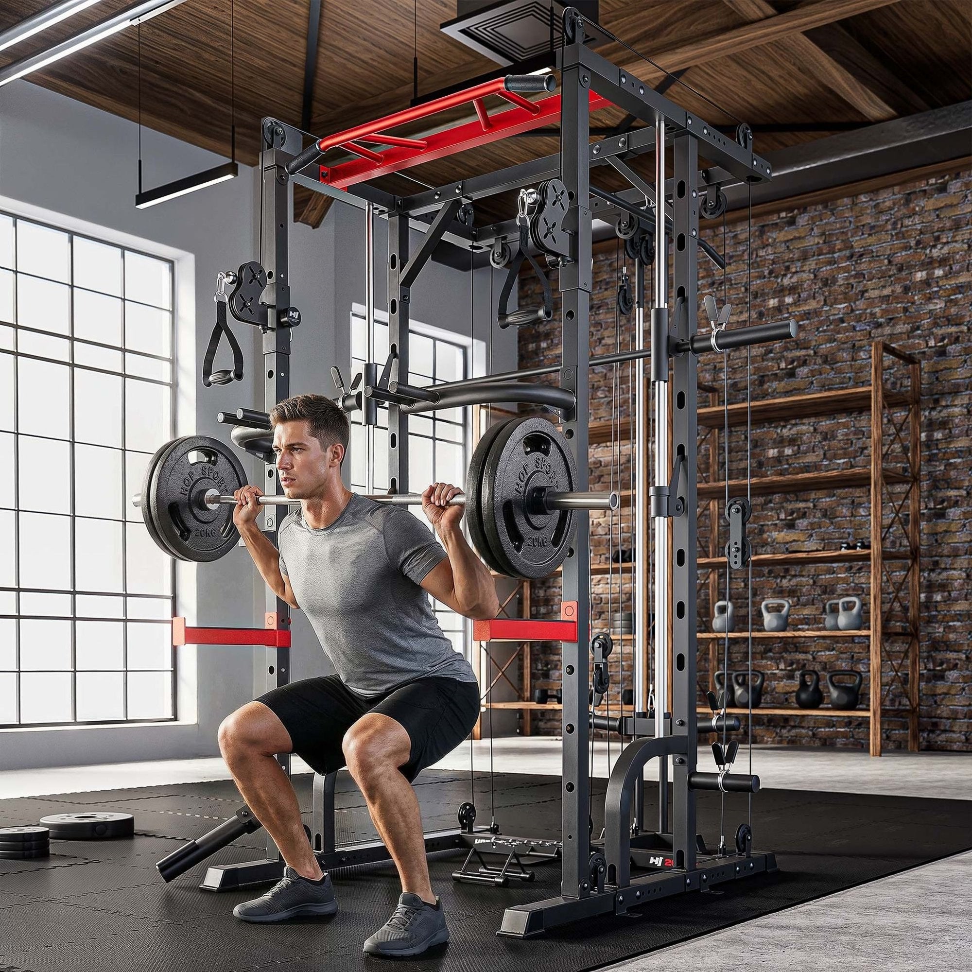 Power Rack HS-2090K – Smith Machine, Pull-Up Bar og Cable Tower