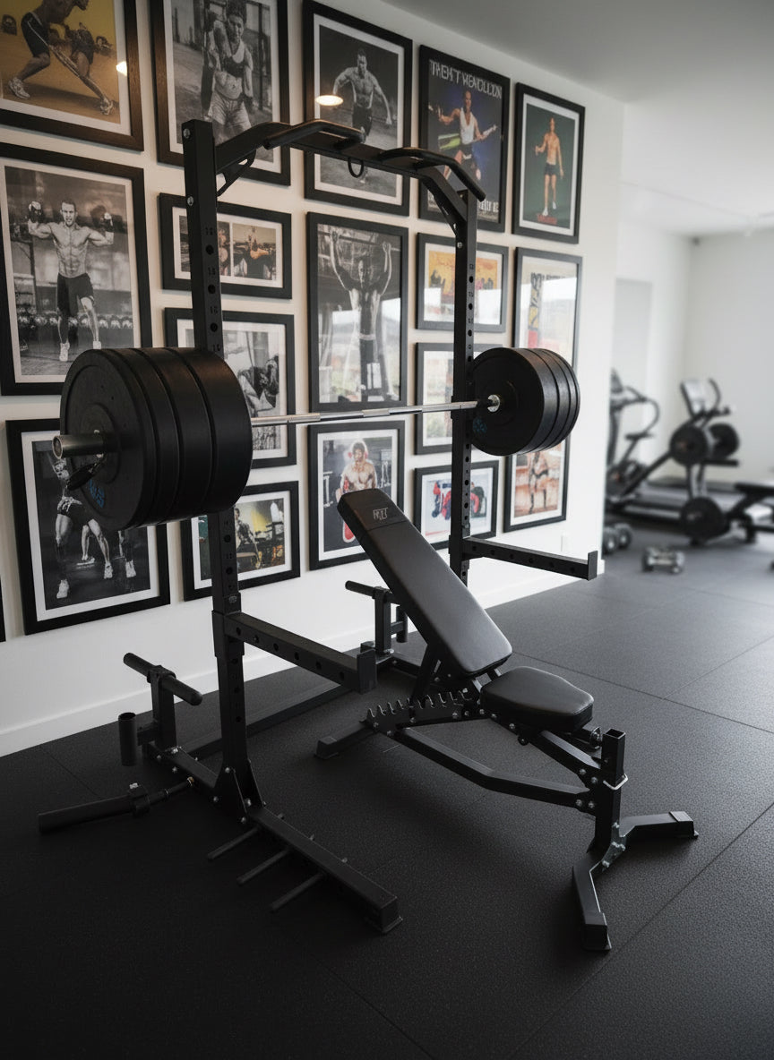 Komplet Squat Rack Sæt 100kg – Bænk, Olympisk Stang & Bumper Plates