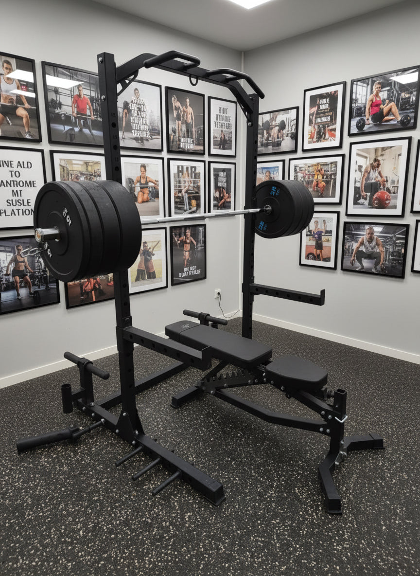 Komplet Squat Rack Sæt 100kg – Bænk, Olympisk Stang & Bumper Plates