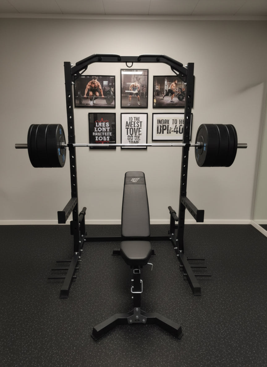 Komplet Squat Rack Sæt 100kg – Bænk, Olympisk Stang & Bumper Plates