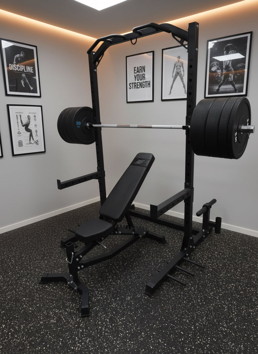 Komplet Squat Rack Sæt 100kg – Bænk, Olympisk Stang & Bumper Plates