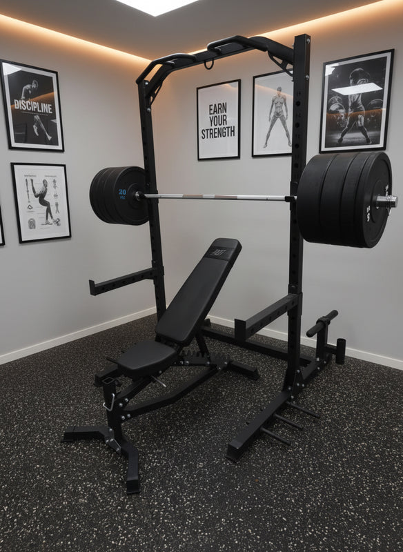Komplet Squat Rack Sæt 100kg – Bænk, Olympisk Stang & Bumper Plates